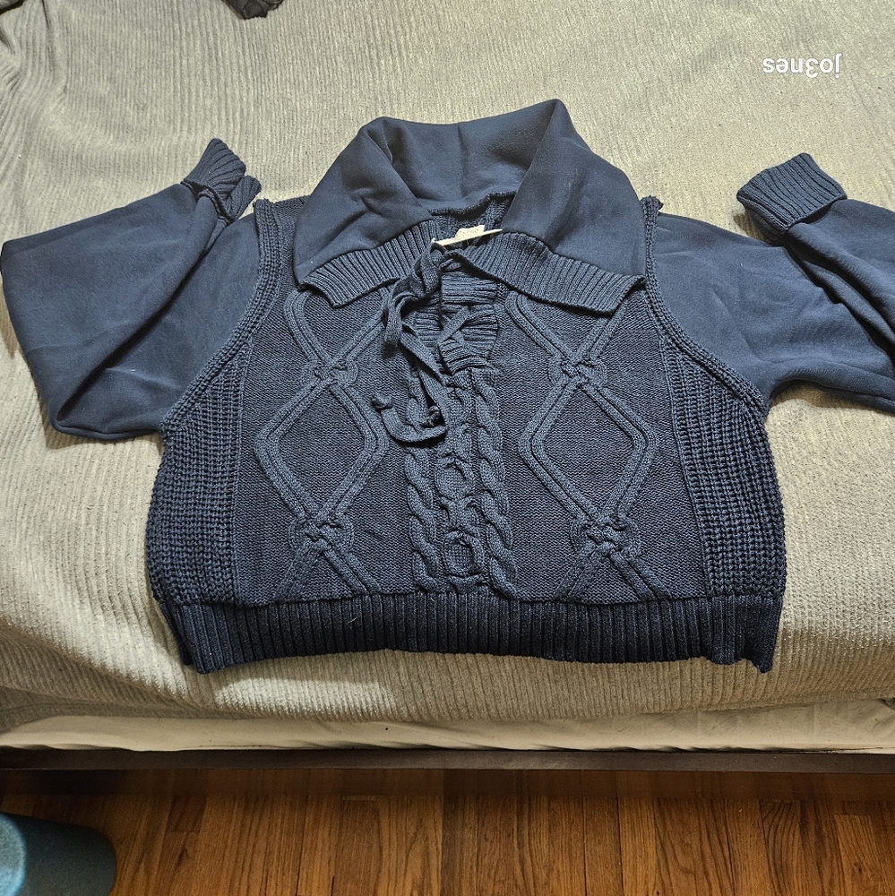 Amthtopologie Pilcro Chunky Cable Knit Collar Midnight Blue Sweater XL